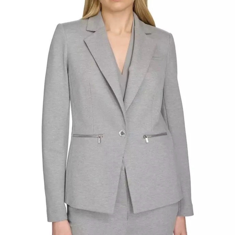 NWT Calvin Klein sz4 Women's Light Gray One-Button Blazer with Zipper Pockets…